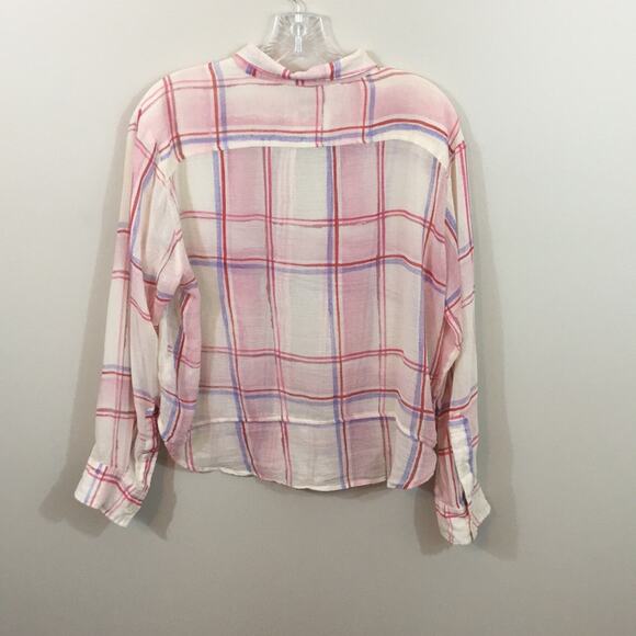 Anthropologie Holding Horses Brushed Plaid Cream/Pink Sheer Button Down Top - Picture 7 of 7